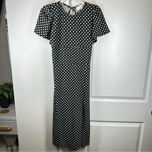 Superfoxx Black White polka dot midi Dress with slit smocked back‎ opening Small - Picture 1 of 9